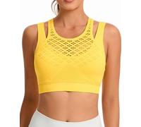 RUNNING GIRL Sports Bras for Women High Impact Seamless Ribbed Longline High Neck Workout Crop Tank Tops Padded, A-yellow, L