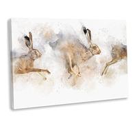Running Hare Canvas Print - Framed Watercolour Style Painting Wall Art Picture NO.2 (14x20 Inch / 35x51cm), Brown