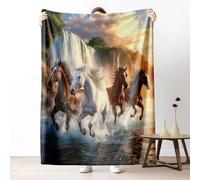 Running Horse Throw Blanket for Couch, Sunset Waterfall Landscape Flannel Blanket 50"x60" Lightweight, Animal Wild Horse Blanket for Bed, Warm Soft Cozy Washable Bedding for All Season