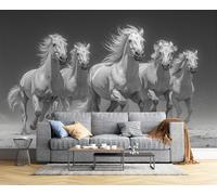 Running Horses Herd Photo Wallpaper 400 x 280cm Wall Mural Black And White Photography Versatile Photo Wallpaper & Wall Sticker, for Bedroom Living Room & Home Décor, Including Kids' Room Art Poster