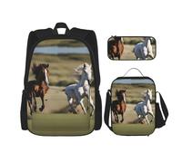 Running Horses Lightweight Backpack For Backpack With Insulated Lunch Tote And Pencil Case Bag Set, Black, One Size