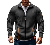 Running Jumper Men Mens Fleece Jackets Full Zip Long Sleeve Solid Color Military Tactical Cargo Sweatshirts Stand Collar Stretchy Sportwears Windbeaker Coat with no Hood
