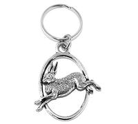 Running Leaping Hare Keyring (English Silver Colour Pewter in a Lemon Burlap Gift Pouch)