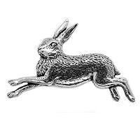 Running Leaping Hare Pin Badge (English Silver Pewter Brooch in a Burlap gift pouch