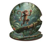 Running Monkey Car Cup Holder Coasters 2-Pack Absorbent Wood & Cork Coasters for Car Cup Holders, Festive Car Accessories for Women & Men