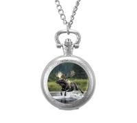 Running Moose in Water Vintage Pocket Watch with Chain Classic Numerals White Dial