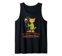 Running on Caffeine and Nine Lives, Funny Cat-Coffee Meme Tank Top