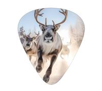 Running Reindeer printed guitar picks, 12-piece set with thin, medium, and thick styles, comes with a storage case