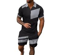 Running Sports Activewear for Men Tracksuits Set Men's Digital Printed Casual Sport Lapel Short Sleeved Zipper Shorts Set Fashion Sweatsuits (Silver, L)