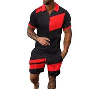 Running Sports Activewear for Men Tracksuits Set Men's Digital Printed Casual Sport Lapel Short Sleeved Zipper Shorts Set Fashion Sweatsuits (Red, XXXL)