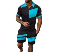 Running Sports Activewear for Men Tracksuits Set Men's Digital Printed Casual Sport Lapel Short Sleeved Zipper Shorts Set Fashion Sweatsuits (Blue, M)