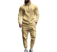 Running Sports Activewear for Men Tracksuits Set Men's Spring and Autumn Winter Long Sleeved Corduroy Solid Color Patch Top Sweatpants Casual Loose Suit Outdoor Sweatsuits Clothing (Khaki, XL)