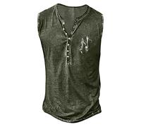 Running Tank Top Men - Mens Summer Fashion Retro Old Basic Button Placket Small Print Sleeveless Shirt T Shirt Vest Retro (Army Green Xxl)