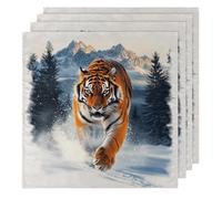 Running Tiger Winter Cloth Napkins Set of 4, Dinner Napkins Cloth 50 x 50 cm, Soft & Comfortable Reusable Napkin for Party Wedding Napkins