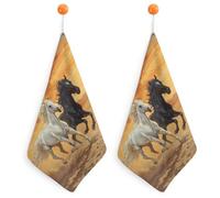 Running White And Black Horses Hand Towels Absorbent Microfiber Cleaning Cloths with Hanging Loop