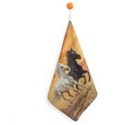 Running White And Black Horses Hand Towels Absorbent Microfiber Cleaning Cloths with Hanging Loop