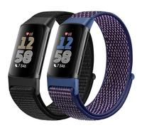 Runostrich Sport Loop Nylon Watch Straps Only Compatible with Fitbit Charge 5 Advanced Fitness Tracker Strap, Adjustable Breathable Replacement Soft Nylon Loop Wristband, Dark Black+Indigo
