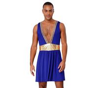 RUNQHUI Ancient Greek Men Roman Toga Dress Sexy Gladiator Deep V Neck Robes Caesar Cosplay Party Costume Blue M