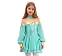 RUNQHUI Arabian Princess Costume for Girls Birthday Party Dance Dress with Built-in Briefs for Stage Performance Light Green 13-14 Years