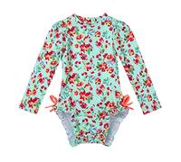 RUNQHUI Baby Girls' One-Piece Swimsuits 50+UV Rush Guard Long Sleeve Floral Bathing Suit Swimming Costume Swimwear Light Green 12-18 Months
