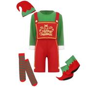 RUNQHUI Boys Elf Costume Merry Christmas Print Bodysuit with Elf Hat and Stockings Shoes Covers 4Pcs Set Red Green 7-8 Years