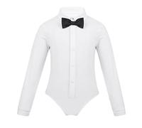 RUNQHUI Boys' Latin Dance Shirt Ballroom Rumba Tango Modern Dancing Long Sleeve Buttons Bodysuit with Bowtie White 9-10 Years
