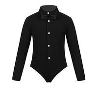 RUNQHUI Boys' Latin Dance Shirt Ballroom Rumba Tango Modern Dancing Long Sleeve Buttons Bodysuit with Bowtie Black 9-10 Years