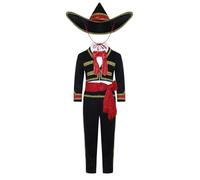 RUNQHUI Boys Mexican Mariachi Costume Children Day of The Dead Mexican Amigo Senor Halloween Cosplay Outfit Black Red 7-10 Years
