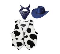 RUNQHUI Cowboy Costume Kids Cowgirl Cosplay Outfits Cow Print Vest with Bandanna and Hat Set for Halloween Carnival Party Navy Blue 15-16 Years