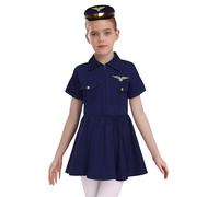 RUNQHUI Flight Captain Costume for Girls Pilot Uniform Fancy Dress Career Day Profession Experience Outfits Navy Blue 8-10 Years