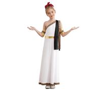 RUNQHUI Girls Roman Toga Costume Grecian Princess One Shoulder Maxi Dress with Sash and Metallic Cuffs Black 5-6 Years