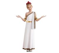 RUNQHUI Girls Roman Toga Costume Grecian Princess One Shoulder Maxi Dress with Sash and Metallic Cuffs White 5-6 Years