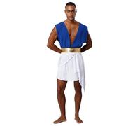 RUNQHUI Greek Toga Fancy Dress for Men Roman Gladiator Sexy Deep V Neck Robes Caesar Cosplay Party Costume Blue 3XL