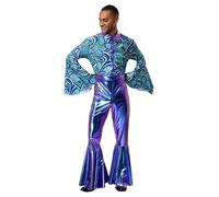 RUNQHUI Groovy Hippie Men 60s Fancy Dress Halloween Shiny Metallic Bell-Bottom Jumpsuits 70s Disco Costume Blue XL