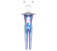RUNQHUI Kids Alien Costume for Girls Halloween Shiny Metallic Jumpsuits Galaxy Theme Party Fancy Outfits Set Blue Silver 11-12 Years