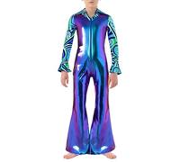 RUNQHUI Kids Boys Hippie Dude Costume Halloween Retro 70s Disco Outfits Shiny Metallic Dance Jumpsuits Blue 11-12 Years