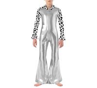 RUNQHUI Kids Boys Hippie Dude Costume Halloween Retro 70s Disco Outfits Shiny Metallic Dance Jumpsuits Silver 9-10 Years