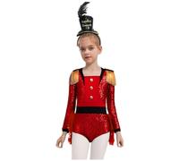 RUNQHUI Kids Girls Circus Ringmaster Fancy Dress Costume Sparkly Sequin Tassels Feather Skirt Leotard with Hat Red Black A 7-8 Years