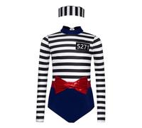 RUNQHUI Kids Girls Jailhouse Prisoner Costume Halloween Dance Outfits Gymnastics Leotards with Striped Hat Navy Blue 11-12 Years