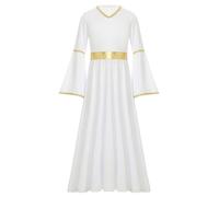RUNQHUI Kids Girls Praise Dance Dress Liturgical Worship Metallic Patchwork Bell Long Gown Church Dancewear White 11-12 Years