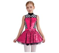 RUNQHUI Kids Girls Race Car Driver Costume Racer Checkerboard Printed Sequins Tutu Dress Dance Party Wear Hot Pink 11-12 Years