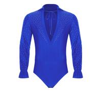 RUNQHUI Men's Ballroom Dance Top Shirt Standard Social Latin Waltz Practise Wear Long Sleeve Royal Blue L