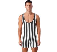 RUNQHUI Mens Halloween Costume Muscle Suit Striped Wrestling Singlet Bodysuits Black XL