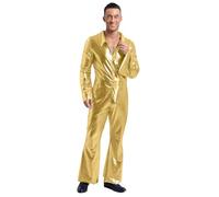 RUNQHUI Men's Overalls Shiny Metallic Bell-Bottom Jumpsuit Long Sleeve Lapel Front Zipper Catsuit Clubwear Gold M