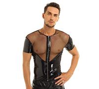 RUNQHUI Men's Patent Leather Fishnet Shirts Summer Short Sleeve Muscle T-Shirt Zip Up Jacket Top Clubwear Black M