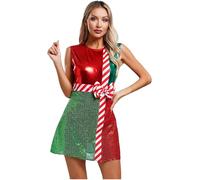 RUNQHUI Women Christmas Candy Cane Costume Dance Performance Colorblock Metallic Striped Bowknot Leotard Dress Red L