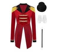 RUNQHUI Women Circus Ringmaster Costume Showman Tailcoat Jacket with Magician Hat Magic Wand Gloves 4Pcs Set Red M