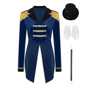 RUNQHUI Women Circus Ringmaster Costume Showman Tailcoat Jacket with Magician Hat Magic Wand Gloves 4Pcs Set Navy Blue L