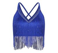 RUNQHUI Women Dance Top Latin Dance Vest Rhinestone Crop Top Belly Dance Oriental Dancewear Blue S