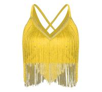 RUNQHUI Women Dance Top Latin Dance Vest Rhinestone Crop Top Belly Dance Oriental Dancewear Yellow XL